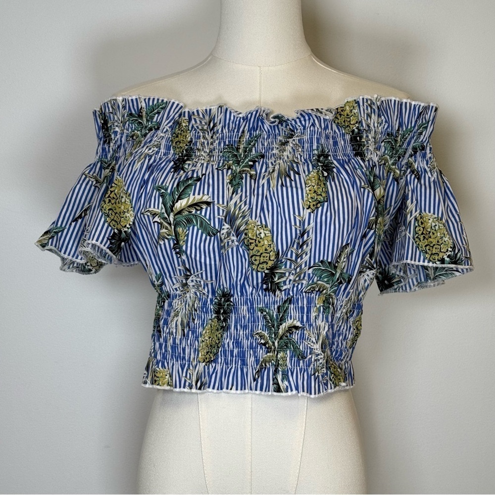 Choosy Off The Shoulder Crop Top Cotton Striped Tropical Print Women’s Size 10